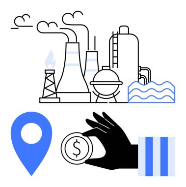 Duman yayan fabrika bacaları, su dalgası elementi, mavi harita iğnesi, para tutan el. Endüstri, ekonomi, finans, kirlilik enerji konum ticareti için idealdir. Düz basit metafor