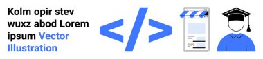 Mavi kod parantezleri, mobil bir cihazda e-ticaret uygulaması, ve kep ve cüppeli mezun avatarı. Kodlama, e-öğrenme, eğitim, yazılım geliştirme, teknoloji, çevrimiçi alışveriş için ideal