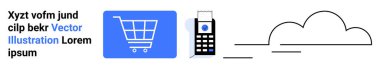 Alışveriş arabası, kredi kartı terminali ve bulut grafiği e-ticareti, mobil ödemeyi, çevrimiçi işlem, alışveriş platformları, bulut depolama, kullanıcı kolaylığı, basit iniş sayfasını sembolize eder
