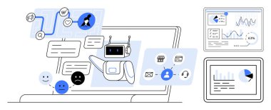 Robot mesajları cevaplıyor, mutlu ve üzgün duygular, e-posta ve ayarları gösteren simgeler. İki ekranda analiz ve akış çizelgeleri var. Otomasyon için ideal, müşteri desteği, iş, yapay zeka, iletişim