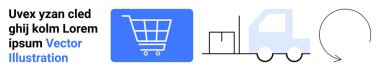 Alışveriş arabası, kamyondaki kutular ve e-ticareti, teslimatı, lojistiği ve sürdürülebilirliği gösteren geri dönüşüm oku. Alışveriş platformları, tedarik zinciri, lojistik ekolojik temalı görseller için ideal
