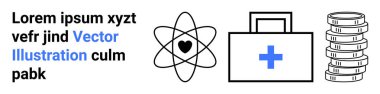 Kalp sembollü bir atom, ilk yardım çantası, bir yığın bozuk para. Sağlık, finans, bilim, yenilik, sağlık, ekonomi için idealdir basit iniş sayfası