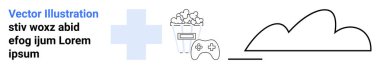 Patlamış mısır, oyun kumandası, artı işareti, ve rahatlamayı, eğlenceyi, teknolojiyi ve yeniliği temsil eden bulut sembolü. Oyun için ideal, eğlence yaratıcılığı medya eğlence eğlencesi sade iniş