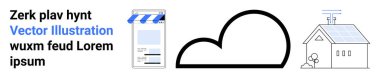 Mağaza önü, bulut simgesi ve güneş paneli ev kavramsal olarak dijitalleşmeyi, yenilenebilir enerjiyi, sürdürülebilirliği, bağlantıyı, e-ticareti, yeşil yaşamı ve yeniliği temsil eder. Temiz enerji için ideal