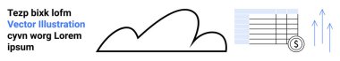 Para birimi sembollü veri tablosuna bağlı bulut çizgisi ve büyümeyi gösteren yukarı doğru oklar. Finans, bulut depolama, analitik, ekonomi, veri yönetimi, teknik yenilik, basit iniş için ideal