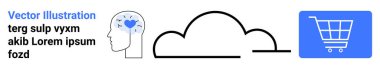 Düşüncelilik tasvir eden kalp ikonu olan insan kafası, çevrimiçi depolama için bir bulut ve bir alışveriş arabası sembolü. E-ticaret, bulut hesaplama, internet bağlantısı, yenilik ve müşteri için ideal