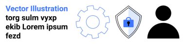 Vites simgesi, kilitli güvenlik kalkanı, ayarları, güvenliği ve kullanıcıları temsil eden kullanıcı profili silueti. Teknoloji, güvenlik sistemleri, kimlik, takım yönetimi iş akışı uygulamaları için ideal