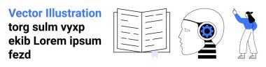 Açık kitap, insan kafası, yeniliği simgeleyen teçhizat, yukarı bakan kişi. Teknoloji, eğitim, bilgi, yaratıcılık, öğrenme, fütürist tasarımlar için ideal basit iniş sayfası