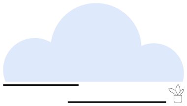 Parlak yatay siyah çizgileri olan soyut mavi bulut ve basitliği, büyümeyi ve bağlantıyı temsil eden küçük bir saksı bitkisi. Teknoloji, doğa, minimalizm, bulut hesaplama ve denge için ideal
