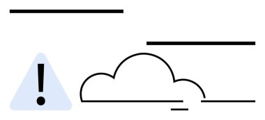 Soyut bulut ve yatay çizgilerin yanında dikkat üçgeninin içinde ünlem işareti var. Veri güvenliği, bulut depolama, alarmlar, risk, uyarılar, uyarılar, sunucu sorunları için ideal. Düz basit metafor