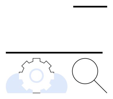 Büyüteç camlı vites sembolü süreç değerlendirmesi, sistem işlevselliği ve verimlilik gelişimini vurguluyor. Yönetim, analitik, mühendislik, araştırma, tanı, teknoloji için ideal