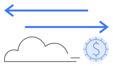 İki yönlü akışı gösteren iki ok, dolar işaretli stilize bulut ve bozuk para veri alışverişini, para transferini ve bağlantıyı sembolize ediyor. Teknoloji, finans, bulut hesaplama ve ekonomi için ideal