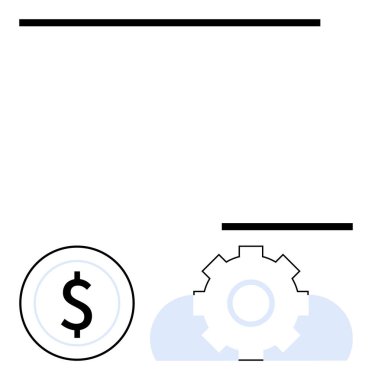 Bulut üssünün üstündeki bir dişlinin yanında dolar işareti, finans ve teknoloji odaklı operasyonları sembolize ediyor. Ticari büyüme, planlama, fintech, işlemler, strateji, yenilik başarısı için ideal