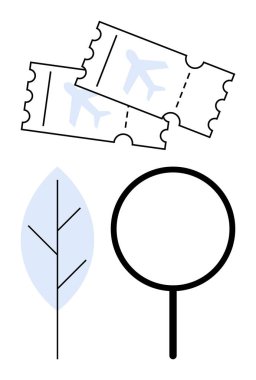Uçak biletleri, minimalist bir yaprak ve büyüteç sürdürülebilir seyahat ve çevre bilincini ön plana çıkarıyor. Eko-turizm, sürdürülebilirlik, araştırma, keşif, iklim hareketi için ideal