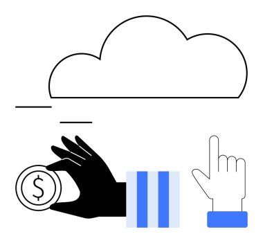 Bulutun yanında el ele tutuşan madeni para, dijital ekonomiyi, bulut deposunu, finans işlemlerini, yenilikleri, veri erişimini, çevrimiçi bankacılığı, düz ve basit metaforu simgeliyor.