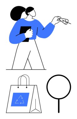 Bir kadın elinde not defteri, yanında çevre dostu alışveriş torbası ve büyüteç tutarken bir şeyler sunuyor. Sürdürülebilirlik, geri dönüşüm, eğitim, araştırma, alışveriş, çevre ve toplum için ideal