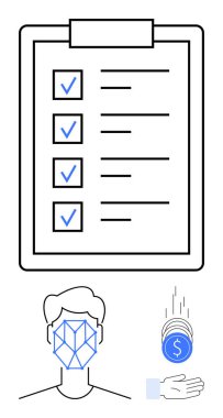 Tamamlanmış listeli pano, yüz tarama simgesi, el altına düşen paralar. İş akışı, dijital kimlik, güvenlik, verimlilik, fintech iş ödemesi için ideal. Düz basit metafor