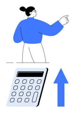 Bir kadın, bir hesap makinesi ve yukarı doğru bir okla ilerlemeyi işaret ediyor. Finans, büyüme, liderlik, analitik, planlama, başarı ve kariyer için ideal. Düz basit metafor