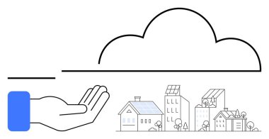 Şehir binalarının üzerinde güneş panelleri, ağaçlar ve küçük evleri olan büyük bulut simgesinin altında açık bir el. Sürdürülebilirlik için ideal, akıllı teknoloji, yenilenebilir enerji, kentsel planlama, bulut depolama