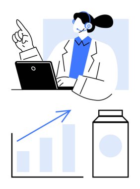 Diz üstü bilgisayarı ve ürün ikonu kullanan, takım çalışması, destek, pazarlama, analitik ve müşteri büyümesini temsil eden bir kadın. Hizmet, satış, veri araştırma iletişim dairesi için ideal