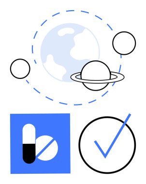 Yörünge çizgileri olan gezegen, geometrik şekiller, hap ve tablet sembolleri ile çevrili ve çemberin içinde büyük işaretler var. Bilim, tıp, onay, uzay sağlığı seçimleri için ideal. Düz