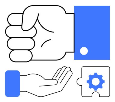 Kapalı yumruk, açık el ve teçhizat bulmacası işbirliği, problem çözme ve takım çalışmasını sembolize ediyor. İletişim, takım çalışması, problem çözme, kaynak tahsis stratejisi işbirliği için ideal