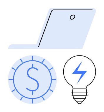 Minimalist dizüstü bilgisayar, dolar işareti bozuk para ve yıldırımlı ampul. Teknoloji, ticaret, finans, enerji, yenilik beyin fırtınası dijital ekonomi için idealdir. Düz basit metafor