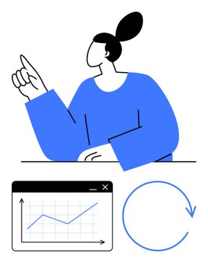 Kadın el kaldırarak bir noktaya parmak basıyor, çizelge ilerlemeyi ve güncellemeleri aktarmayı öneriyor. Gelişme, büyüme, beyin fırtınası, strateji, yenilik, analitik yenileme için ideal. Düz