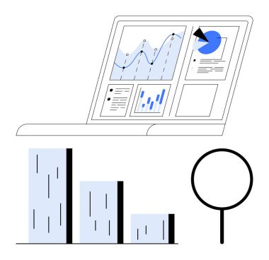 Bilgisayarında büyüteçle grafikler ve pasta grafikleri olan bir veri paneli. Analiz, istatistik, araştırma, iş stratejisi, proje yönetimi, takım çalışması için ideal