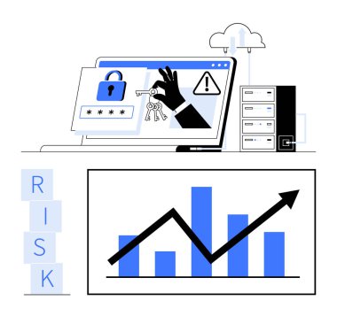 Veri sızıntısı uyarıları, kilitli simgeler ve bulut sunucuları arasında büyüme grafikleri olan dizüstü bilgisayar. Siber güvenlik, risk analizi, veri koruması, bilişim yönetimi, iş büyümesi, analitik soyut çizgi için ideal