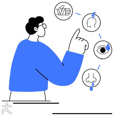 Duyusal simgeleri işaret eden adam dokunuşu, duymayı, görmeyi, koklamayı ve karar vermeyi sembolize ediyor. Eğitim, sağlık, farkındalık öğrenme davranışı beyin fırtınası için idealdir. Düz basit metafor