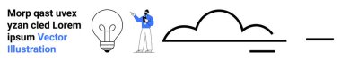 Ampul, bulut ve soyut elementlerin yanında metin ile hareket eden bir adam. Yaratıcılık için ideal, ilham, yenilik, minimalizm, eğitim, teknoloji sade iniş sayfası