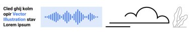 Soyut çizgilerin yanında mavi ses dalgası, basit bulut, bitki çizgisi ve yer tutucu metin. Teknoloji, ses tasarımı, doğa, markalaşma, eğitim basitliği veya modern bir iniş sayfası için ideal