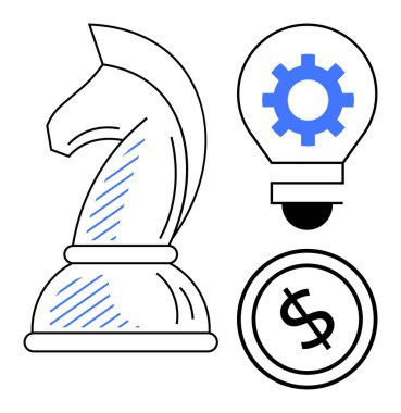 Satranç şövalyesi strateji öneriyor çarkıfelekli ampul yenilikçi düşünceyi temsil ediyor ve para maddi hedefleri ifade ediyor. İş için ideal, yenilik, strateji, liderlik, planlama