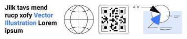 Küre, QR kodu, satırlı pasta grafiği segmentleri, veri, analitik, küresel bağlantı için metin blokları. Teknoloji, iletişim, bilgi-grafik eğitim bilim ağı için ideal