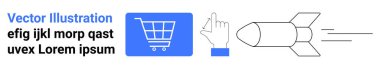Alışveriş arabası ikonu, el vuruşu jesti, roket fırlatma, hızlı teknolojik gelişmeler ve çevrimiçi büyüme. E-ticaret, girişim, yenilik, dijital pazarlama, teknoloji, hız için ideal