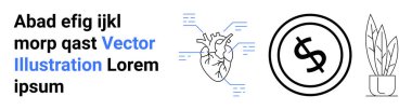 Devreli anatomik kalp, madeni para ikonu ve minimalist saksı bitkisi. Sağlık, finans teknolojisi, büyüme, yenilik, sürdürülebilirlik kişisel finans biyomühendisliği için idealdir. Soyut satır düzlüğü