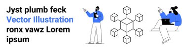 Dizüstü bilgisayar kullanan ve blokzincirleme yapıyı işaret eden profesyoneller. Takım çalışması, teknoloji, dijital iletişim, engelleme zinciri, yenilik, çevrimiçi eğitim, basit iniş sayfası için ideal