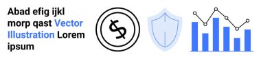 Para birimi sembolü, kalkan ve bar çizelgesi mali büyüme, koruma ve veri analizini gösteriyor. Finans, siber güvenlik, iş, analitik ekonomi yatırım planlama için ideal
