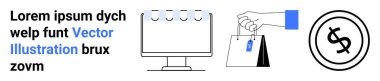 Sekmeli bilgisayar monitörü, etiketli el çantası, dolar işareti. E-ticaret için ideal, online alışveriş, perakende, finans, pazarlama iş teknolojisi. Soyut çizgi düz metafor