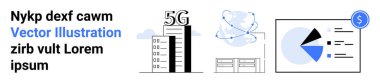 5G ağ göstergesine, bulut ağı bağlantılarına ve veri analizine sahip yüksek binalar. Teknoloji, yenilik, dijital dönüşüm, bağlantı, analitik, iş dünyası için ideal