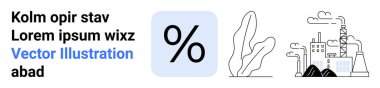Stilize bitki yaprağı ve endüstriyel binaların yanında duman yayan yüzde işareti. Finans, sürdürülebilirlik, imalat, çevre, kirlilik, sanayi, basit iniş sayfası için ideal
