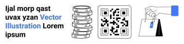 Yığınla bozuk para, QR kodu, mesaj ve etiketli el çantası. E-ticaret, mobil ödeme, perakende, modern alışveriş, finansal teknoloji alışverişi ve basit bir iniş sayfası için ideal