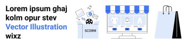 Multimedya, mağaza önü ürünleri ve alışveriş torbaları sergilenen SCORM paketi. E-ticaret, çevrimiçi perakende, pazarlama, eğitim, dijital araçlar ve ürün sade iniş için ideal