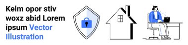 Kilitli kalkan, siber güvenliği simgeliyor. Ev ikonu, dizüstü bilgisayarda çalışan kişi. Uzaktan çalışma, bilişim güvenliği, çevrimiçi mahremiyet, iş hayatı dengesi, veri koruması, ev ofisinin düz inişi için ideal