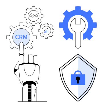 Diğer dişliler, ayarlar anahtarı ve kilit ile güvenlik kalkanı arasında CRM vites simgesini gösteren robot el. İş otomasyonu, siber güvenlik, CRM, dijital dönüşüm, teknoloji için ideal
