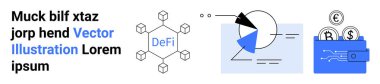 Merkezi olmayan finans merkezi, pasta grafiği analizi ve para birimi simgeli dijital cüzdanı olan blok zinciri diyagramı. Finans, teknoloji, engelleme zinciri, kripto para birimi, veri yönetimi, istatistik için ideal