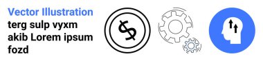 Çemberdeki dolar işareti, mekanik dişliler, ve yukarı doğru oklu profil finansal büyümeyi, yeniliği, verimliliği, fikirleri simgeliyor. İş için ideal, yaratıcılık, finans stratejisi