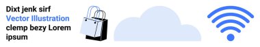 İnternet alışverişini, veri depolamayı ve küresel bağlantıyı öneren bir bulut ve kablosuz sinyal ikonunun yanında alışveriş torbası. E-ticaret için ideal, bulut hesaplama, kablosuz teknoloji, internet, çevrimiçi