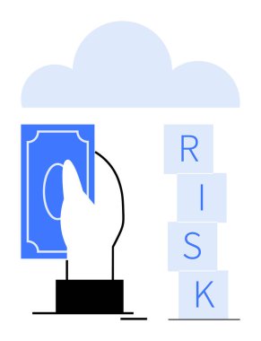 Yığılmış blokların yanında el ele tutuşan mavi para. Üzerinde bulut olan RISK yazılıyor. Finans, yatırım, karar verme, risk yönetimi, belirsizlik, iş stratejisi, soyut düz çizgi